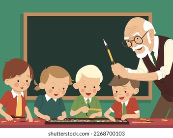 Kids and teacher in classroom. Vector illustration