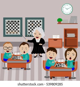 Kids and teacher in classroom. Vector illustration. Chess