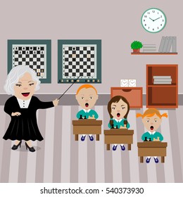 Kids and teacher in classroom. Vector illustration. Chess