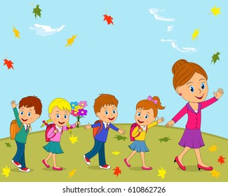 kids and teacher are going to school on the autumn background,illustration, vector