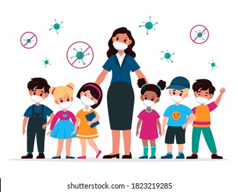 Kids with teacher with masks. Pedagogue and children wearing medic protective mask and viruses around. Stop the spread Covid-19 virus in school, beware epidemic cartoon flat vector illustration