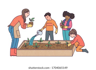 Kids And Teacher Planting Seeds And Seedlings In School Garden, Sketch Cartoon Vector Illustration Isolated On White Background. Children Educational Activity On Nature.