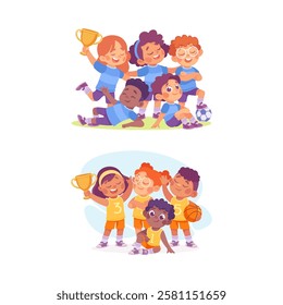 Kids Team with Boy and Girl Character as Unity Vector Illustration Set
