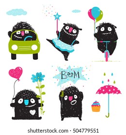 Kids Teddy Bear with Balloons Colorful Cartoon. Set of funny kids black monsters activities for children graphic design