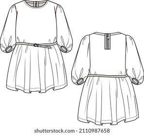 KIDS AND TEEN GIRLS DRESS VECTOR FLAT FRONT AND BACK SKETCH