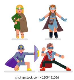Kids teens super hero set characters flat design vector illustration