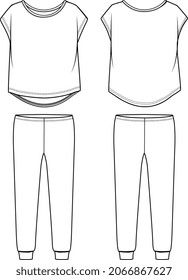 KIDS AND TEENS TEE AND PAJAMAN SET SHORTS AND SHIRTS FLAT SKETCH VECTOR
