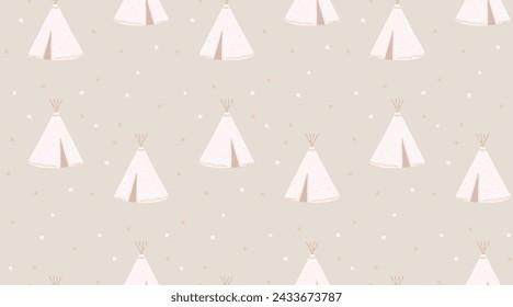 Kids teepee pattern, cute seamless background for wallpaper in nursery room, gender neutral design.