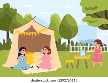 Kids in teepee tent. Girls with toys play in backyard during summer or spring season. Activity and leisure. Children spend time together, have fun time on picnic. Cartoon flat vector illustration