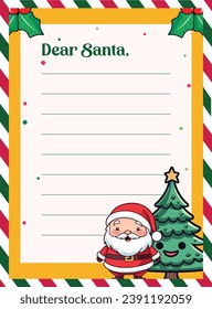 Kids Template for Christmas Letter to Santa Claus: Decorated Paper Sheet with Santa Claus and Christmas Tree Character Illustration Vector
