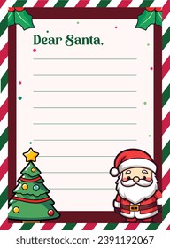 Plantilla infantil para carta de Navidad a Santa Claus en una hoja de papel decorada con vectores de ilustración de caracteres de árbol de Navidad y Santa Claus
