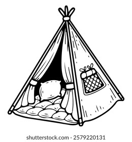 Kids tent teepee. Hand drawn doodle. Kids room decor. Baby play area. Home furniture. Cute decoration. Childhood. Vector line art illustration.