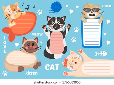 Kids text frame vector template with background of cute cartoon cats. Paper notes, notepad or notebook pages for memo, to do list, planner and notice, message or reminder layouts, scrapbook design