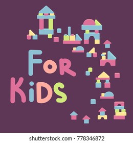 For kids text. Wooden blocks game. Colourful set of bricks and elements for building house tower and castle. Vector flat style illustration isolated on purple background