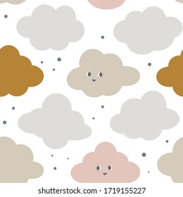 Los niños textil patrón sin fisuras. Diseño de ropa infantil. Unas nubes alegres y agradables en tonos pastel. Ilustración vectorial plana. 