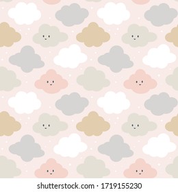 Los niños textil patrón sin fisuras. Diseño de ropa infantil. Unas nubes alegres y agradables en tonos pastel. Ilustración vectorial plana. 