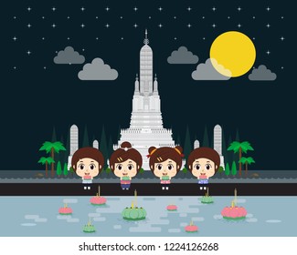 Kids in Thailand. Loy krathong festival, full moon. flat vector