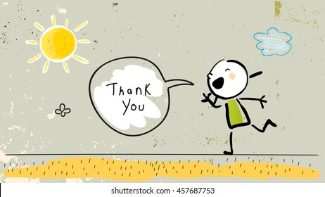 Kids Thank You Card Vector Illustration. Child Saying Thank You In A Speech Balloon. Sketch, Scribble Style Doodle.