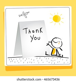 Kids Thank You Card Vector Illustration. Child Writing Thank You. Sketch, Scribble Style Doodle.