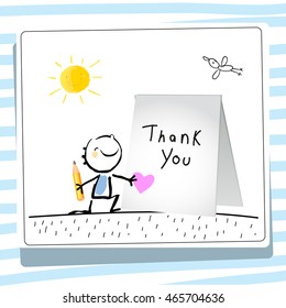 Kids Thank You Card Vector Illustration. Child Writing Thank You. Sketch, Scribble Style Doodle.