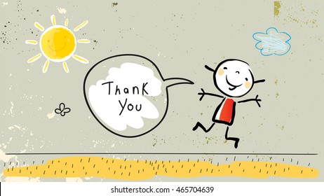 Kids Thank You Card Vector Illustration. Jumping Child Saying Thank You In A Speech Balloon. Sketch, Scribble Style Doodle.