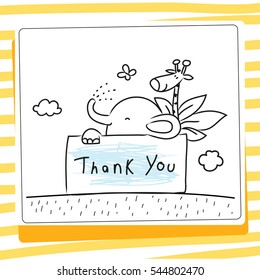 Kids Thank You Card Vector Illustration. Sketch, Scribble Style Doodle, With Animals.