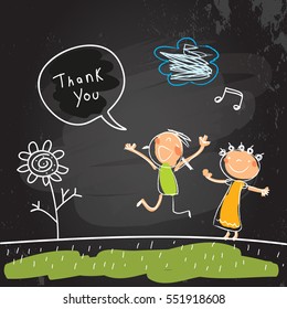 Kids Thank You Card Vector Illustration. Sketch, Scribble Style Doodle, Chalk On Blackboard Vector Illustration.