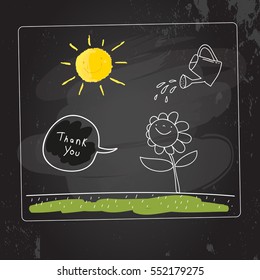 Kids thank you card vector illustration. Watering can, watering a flower on a sunny day. Chalk on blackboard sketch, scribble style doodle.