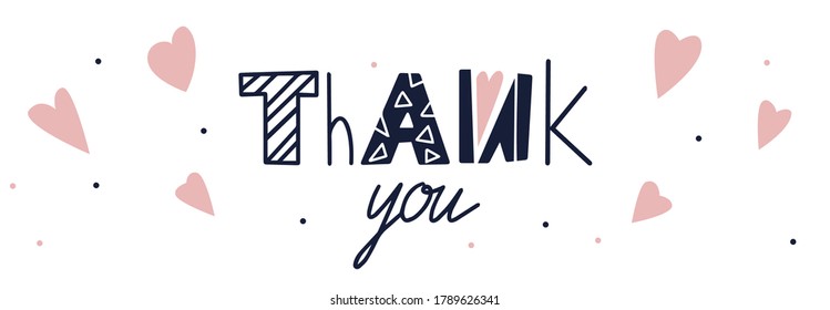 Kids thank you hand drawn text. Funny lettering with hearts Vector illustration