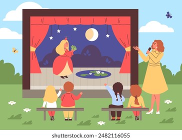 Kids theater fairy tale performance show on scene with red curtains. Cartoon vector princess with frog on stage, teacher woman with microphone. Park theater festival for children audience