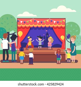 Kids theater performance show on scene with red curtains and fairy tale castle scenery. Public park theater festival for a group of people. Modern flat style vector illustration cartoon clipart.