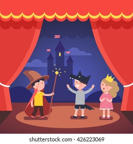 Kids theater performance show on scene with red curtains and fairy tale castle scenery. Modern flat style vector illustration cartoon clipart.