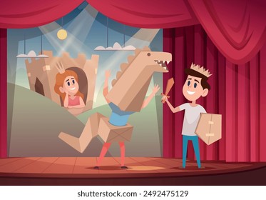 kids in theatre. children playing fantasy role knight fight with dragon in theatre cardboard decoration