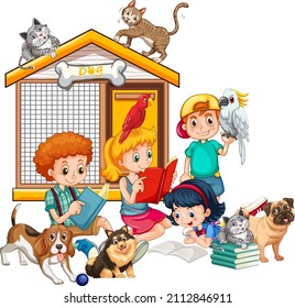 Kids with their dogs and cats on white background illustration