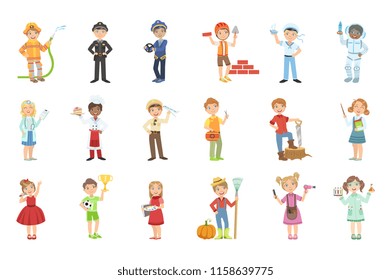 Kids With Their Future Professions Attributes Bright Color Cartoon Simple Style Flat Vector