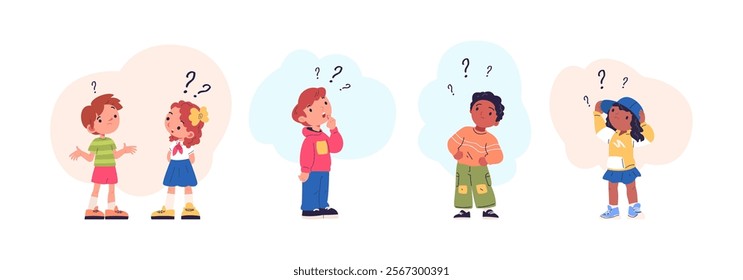 Kids think questions. Boy and girl thinking find idea or problem solution, confused school children with question mark, cartoon thoughtful child cute characters vector illustration original artwork