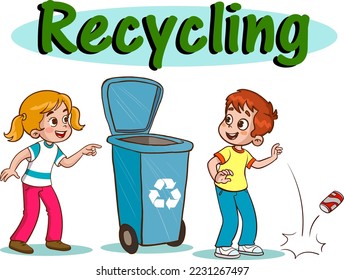kids throwing garbage in the recycling bin.children polluting the environment cartoon vector