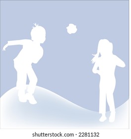 kids throwing snowball in winter illustration