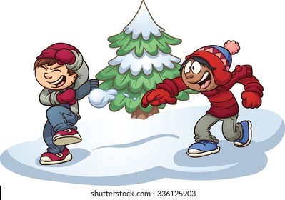 Kinder werfen Schneebälle. Vektorclip-Kunstillustration mit einfachen Farbverläufen. Einige Elemente befinden sich auf separaten Ebenen, um die Bearbeitung zu erleichtern.