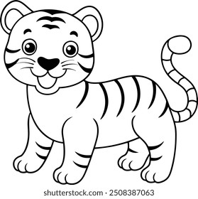 Kids Tiger outline illustration, line art baby tiger happy similing.