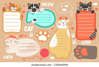 Kids timetable, notepad sheets with cute cats vector template. Cartoon school time table, schedule or planner with kawaii kitten paw prints and tails. Funny sticky notes, stickers, educational memo