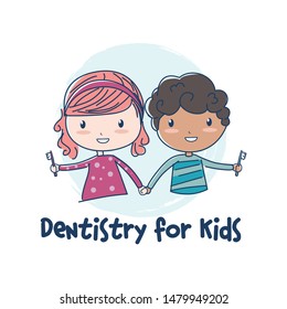 kids with tooth brush for fun dental logo template