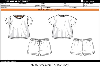 KIDS TOP AND BOTTOM SHORT DRESS SET FLAT SKETCH FASHION TEMPLATE TECHNICAL DRAWING ILLUSTRATION