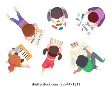 Kids top view. Boys and girls drawing reading writing at paper sitting on floor exact vector cartoon little people