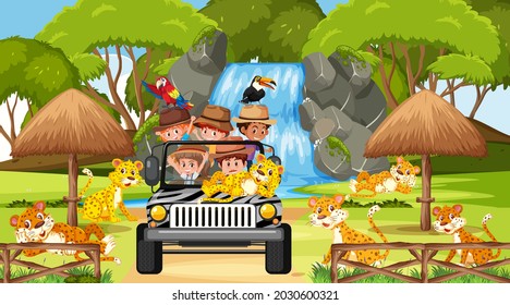 Kids Tour In Safari Scene With Many Leopards Illustration