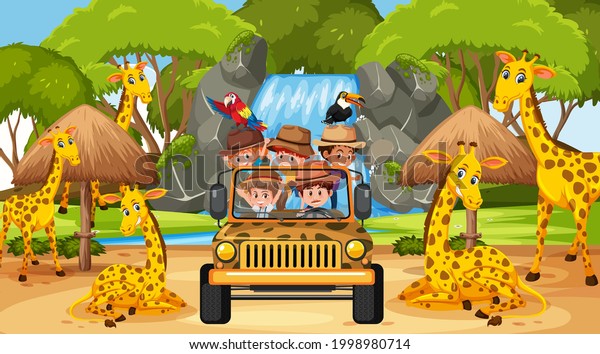 Kids\
tour in Safari scene with many giraffes\
illustration
