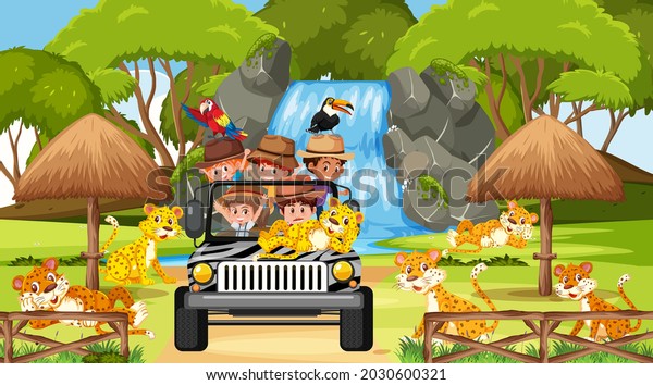 Kids\
tour in Safari scene with many leopards\
illustration