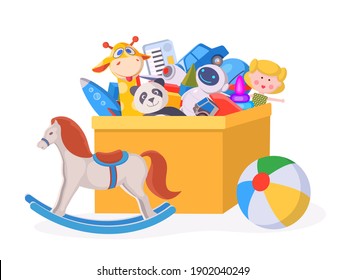 Kids toy box. Cartoon children play container with doll, ball, stuff animals, car and horse. Boys and girls kindergarten toys vector concept. Stuff in container, children bear and robot illustration - Shutterstock ID 1902040249