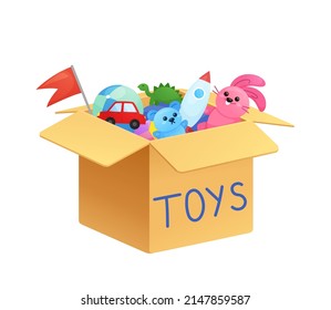 Kids toy box. Cartoon children play container with doll, ball, stuff animals, car and horse. Boys and girls kindergarten toys vector concept. Stuff in container, children bear and robot illustration

