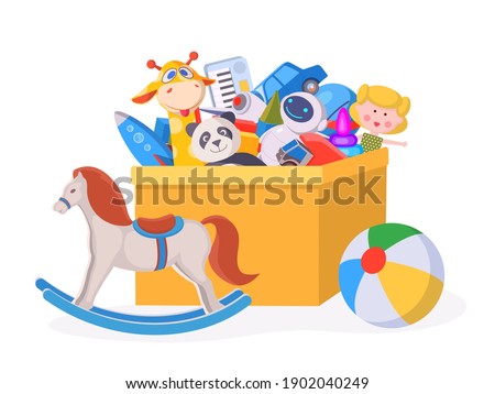 Kids toy box. Cartoon children play container with doll, ball, stuff animals, car and horse. Boys and girls kindergarten toys vector concept. Stuff in container, children bear and robot illustration